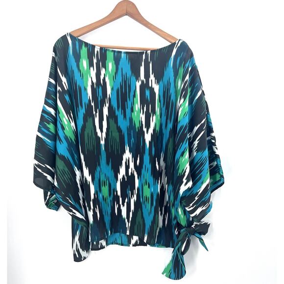 Michael Kors Green Black Abstract 3/4 Sleeve Silky Tie Waist Top Womens 3X - Picture 1 of 4